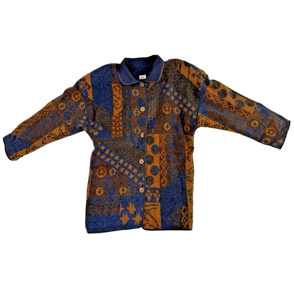 VTG‎ Mondi Wool Jacket Coat Navy Print Italy Ranch Cowboy Western Boho 36 US 4